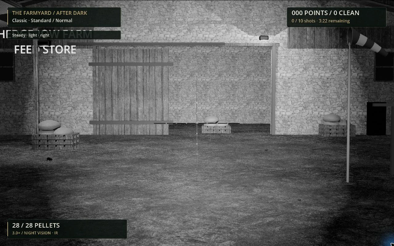 Digital night-vision scope view of the farmyard during Airgun’s Night Rats activity.