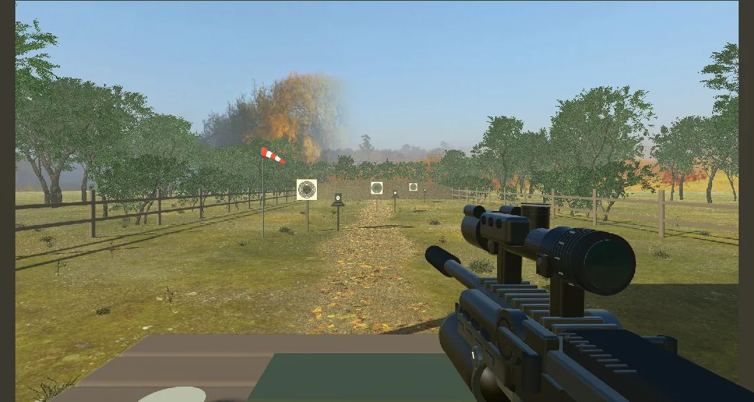 A scoped air rifle overlooking targets and the updated windsock at Airgun’s daytime countryside range.