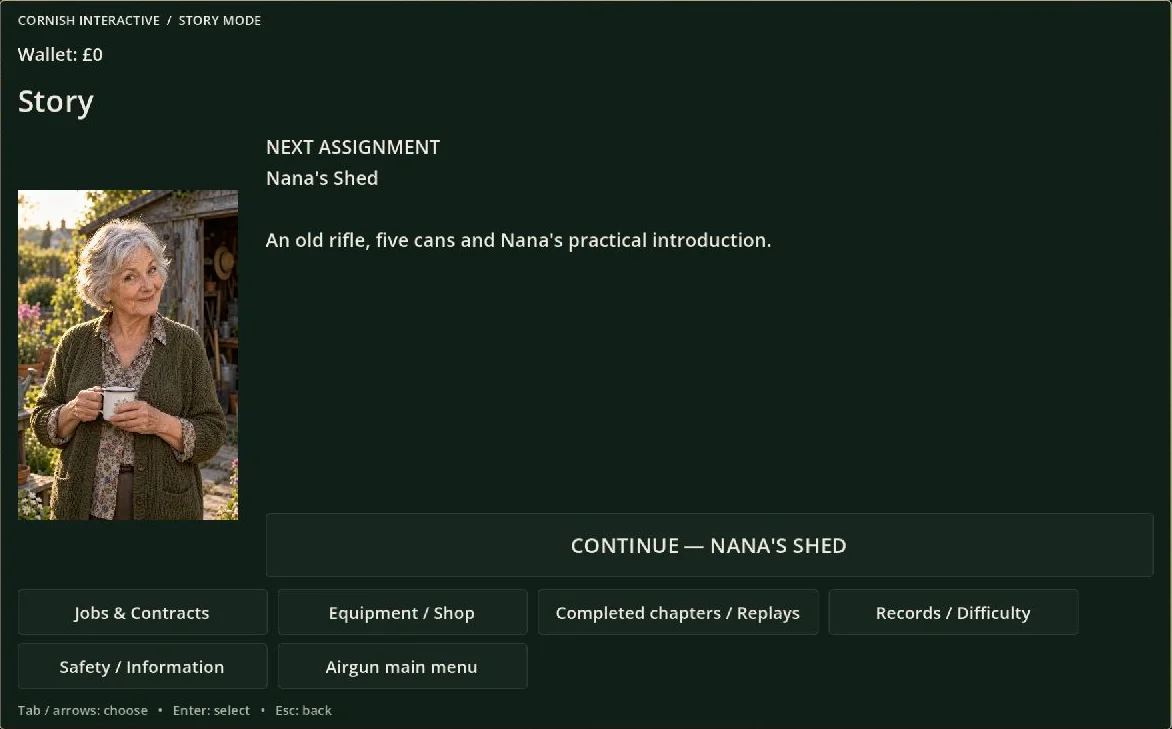 Airgun’s Story interface showing Nana’s Shed as the next assignment.